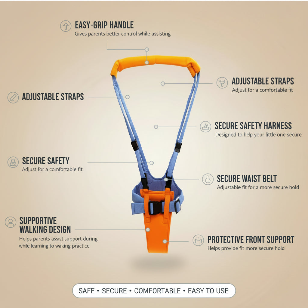 Baby Walking Assistant Harness with Safety Support Belt & Adjustable Parent Handle | Toddler Walking Trainer
