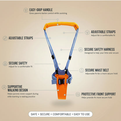 Baby Walking Assistant Harness with Safety Support Belt & Adjustable Parent Handle | Toddler Walking Trainer